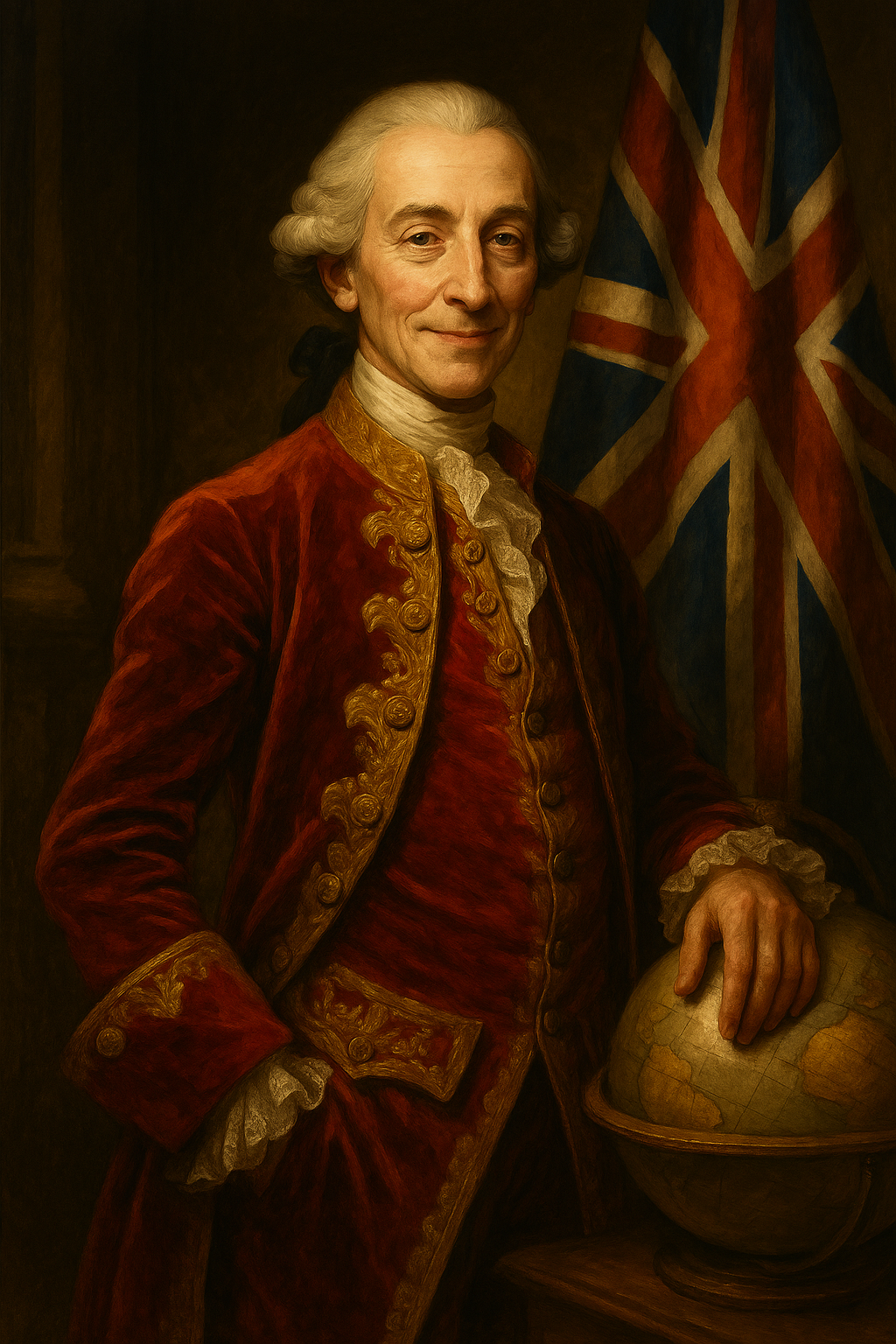 Narrative portrait of William Pitt the Elder, British strategist with a globe and 18th-century flag
